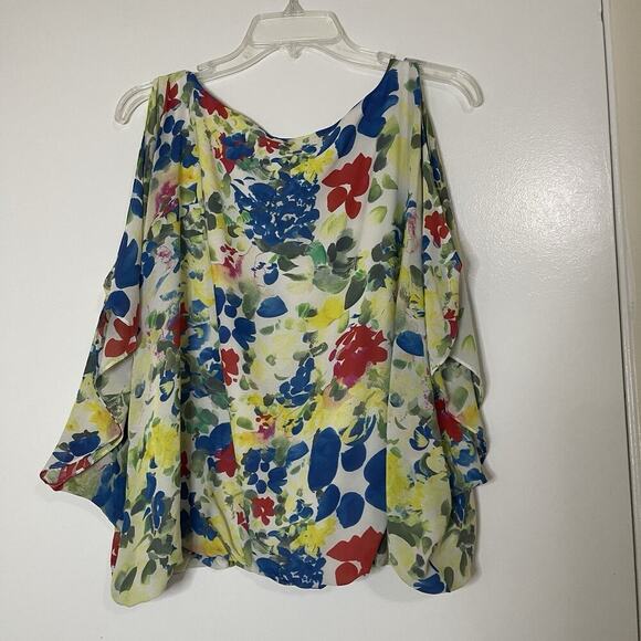 Alice + Olivia yellow multi floral silk cold shoulder blouse top small - Picture 5 of 5